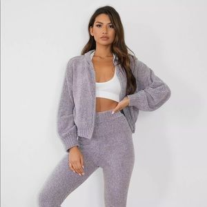 Gray co ord chenille zip up hoodie and joggers set